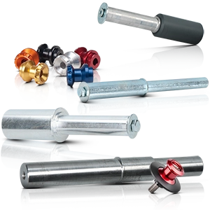 Steel axles and colourful bobbins for secure attachment of assembly stands to the motorcycle.